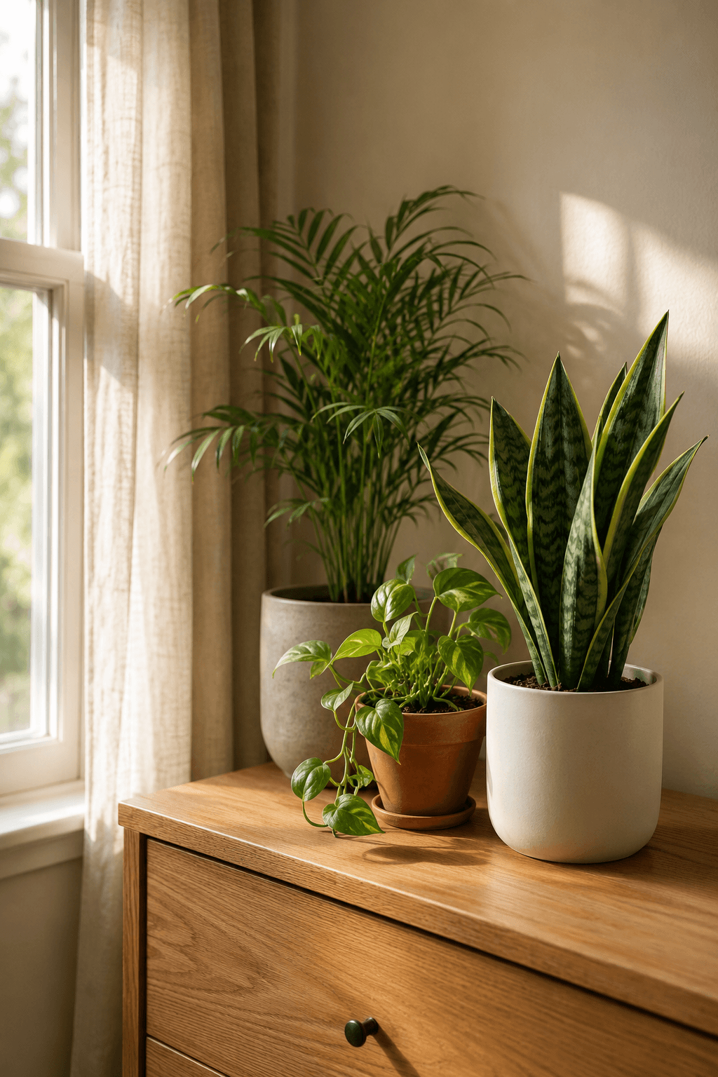 Bedroom Air Purifying Plants Low Maintenance arranged on dresser in soft morning light