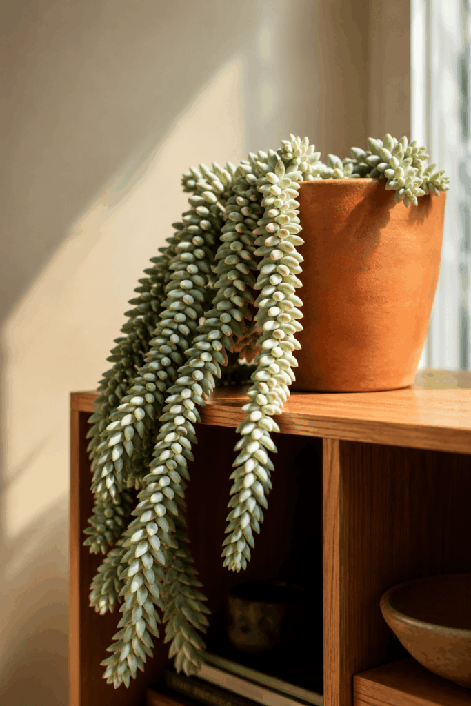 Mature burros tail sedum morganianum with thick silvery green succulent ropes trailing from top bookshelf