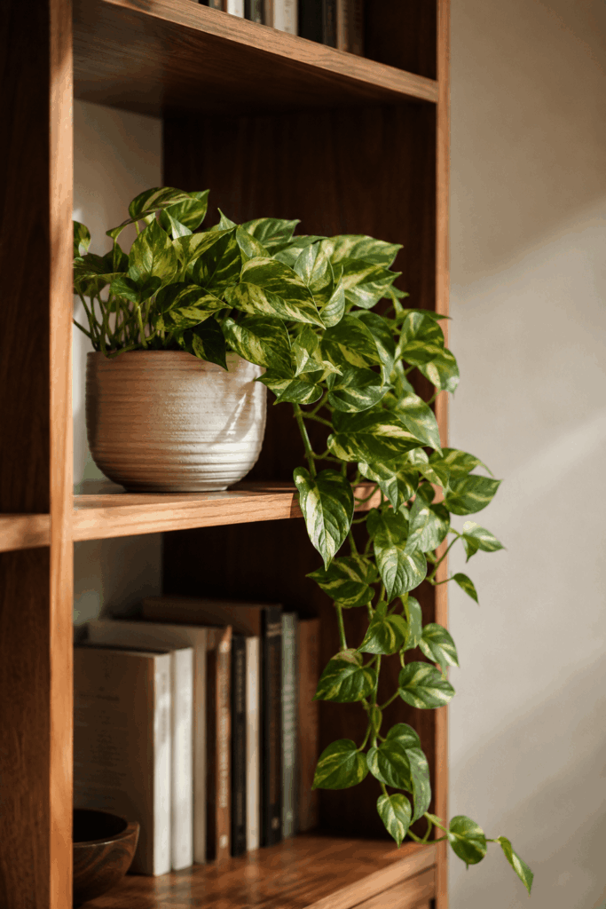 Mature golden pothos cascading three feet from middle bookshelf with variegated green and yellow leaves