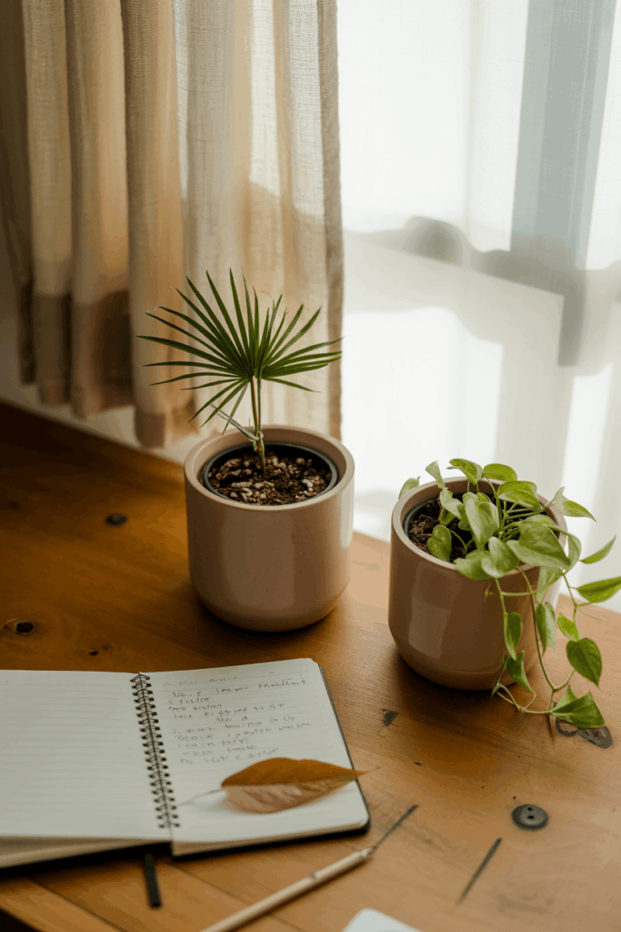 Open notebook beside a parlor palm and a pothos vine on a wooden desk, midday light