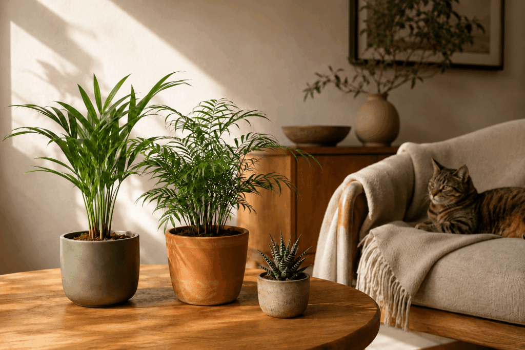 Parlor palm Haworthia and areca palm grouped on a low coffee table in a sophisticated pet friendly living room