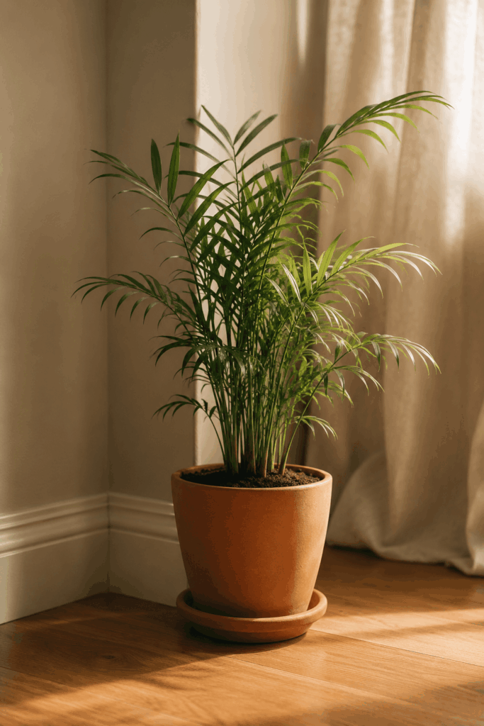 Parlor palm with arching feathery green fronds in a matte terracotta pot in a cream wall corner