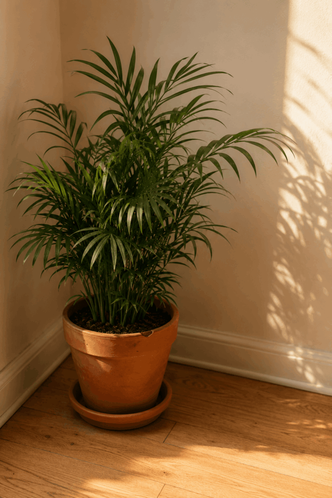 Parlor palm with feathery green fronds in a terracotta pot in a corner of a bright apartment