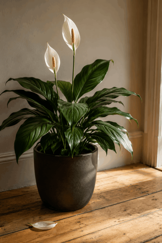 Peace lily in bloom with two white spathes and dark green leaves in matte black ceramic pot