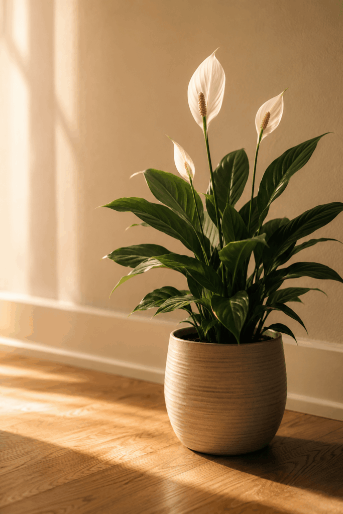 Peace lily with white spathe bloom and dark green leaves in matte ceramic pot