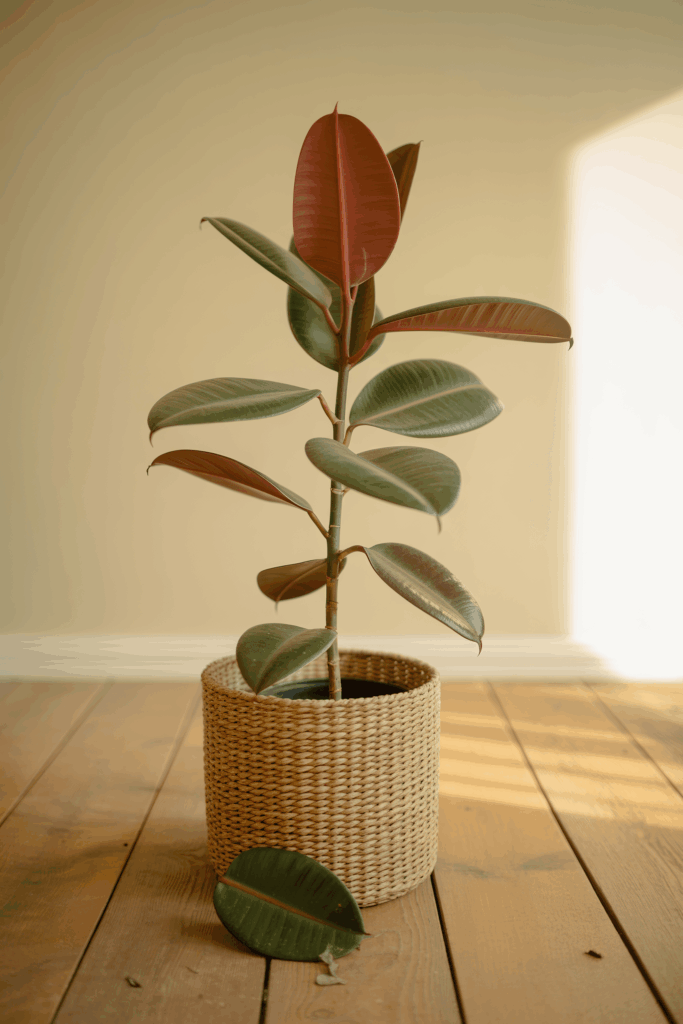 Rubber plant with deep burgundy glossy leaves in tall woven basket pot in apartment living room