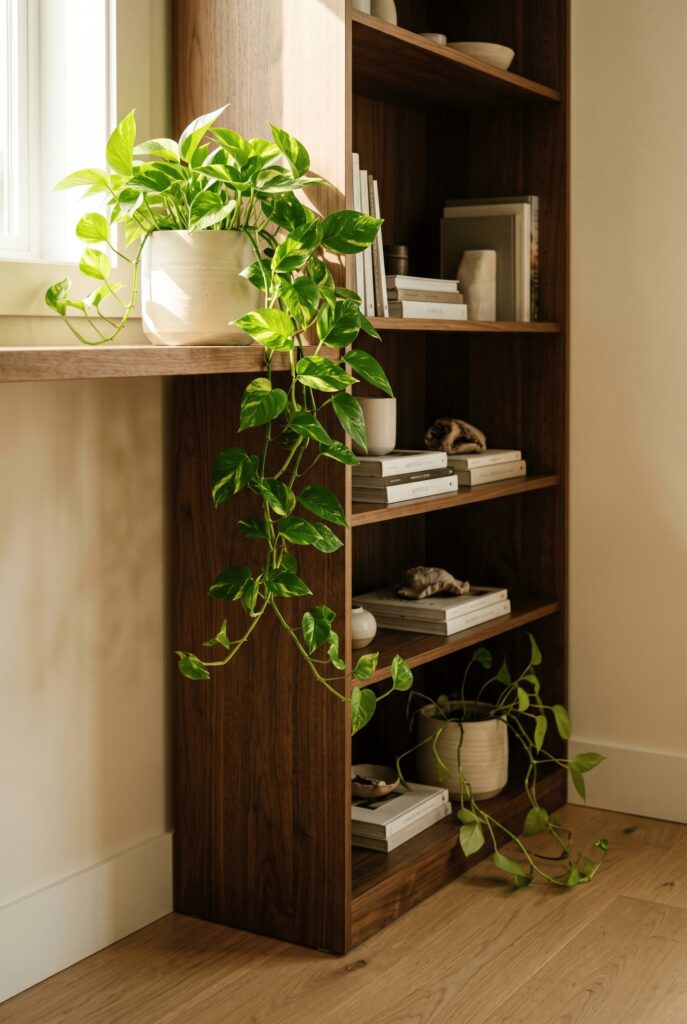 Same trailing plant species shown on bright top shelf and dim lower shelf for light comparison