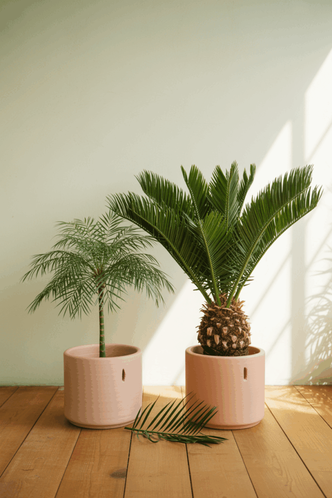 Side-by-side comparison of a parlor palm and a sago palm showing the difference in trunk and frond texture