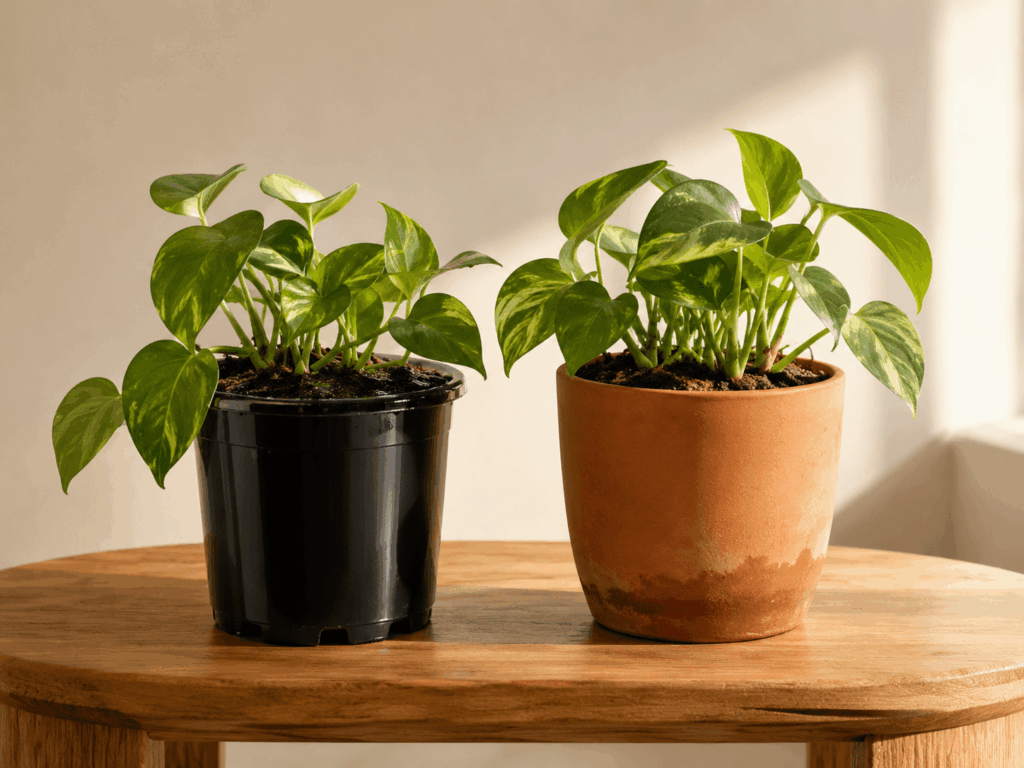 Side by side comparison of matte terracotta pot and black plastic pot showing breathability difference for houseplant root health
