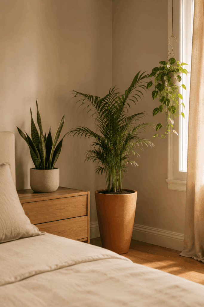 Small bedroom corner with multiple low-maintenance plants placed on dresser, shelf, and floor