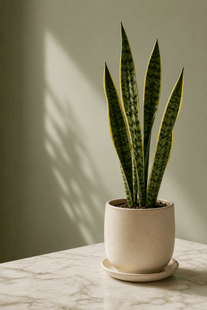 Snake plant with mature variegated leaves in matte stoneware pot on marble surface
