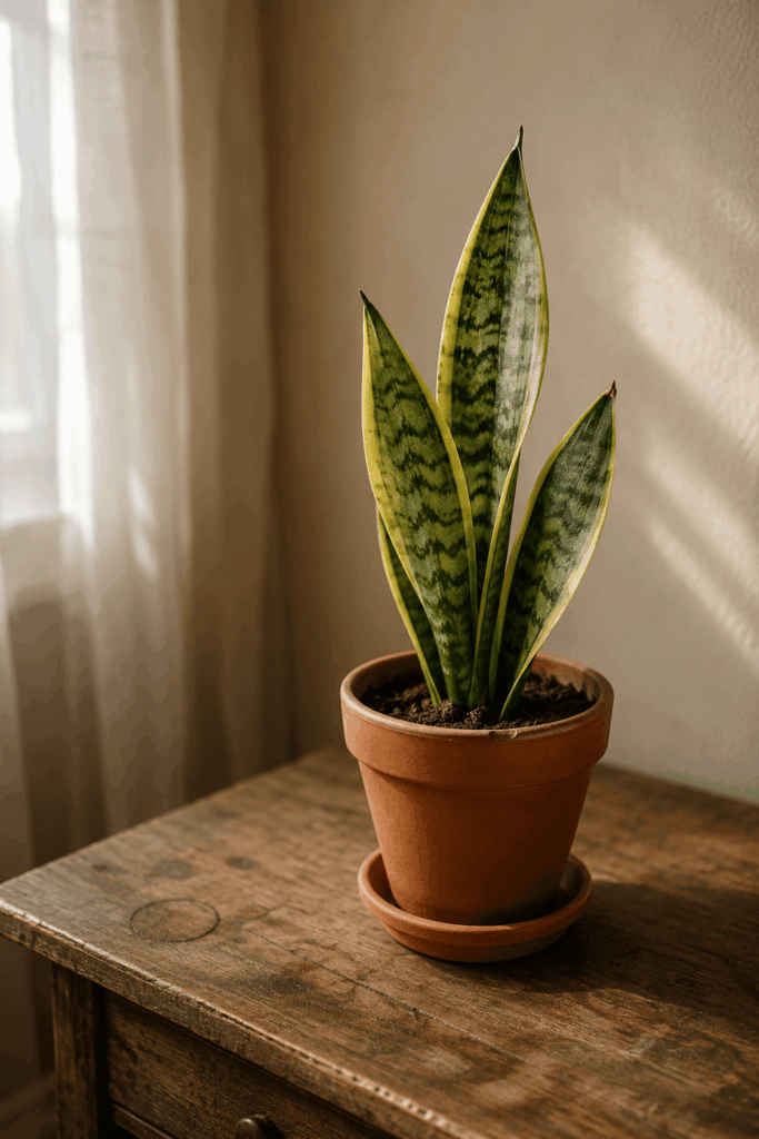 Snake plant with three upright variegated leaves in matte terracotta pot on wooden side table