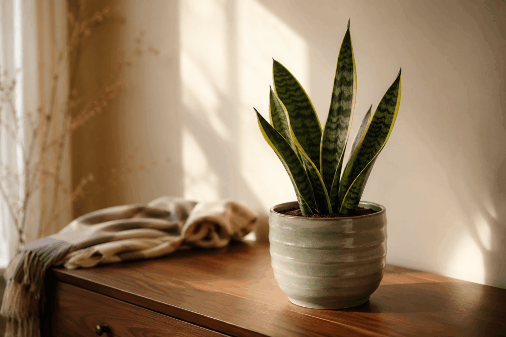 Snake plant with upright variegated green leaves on a walnut dresser in a softly lit bedroom
