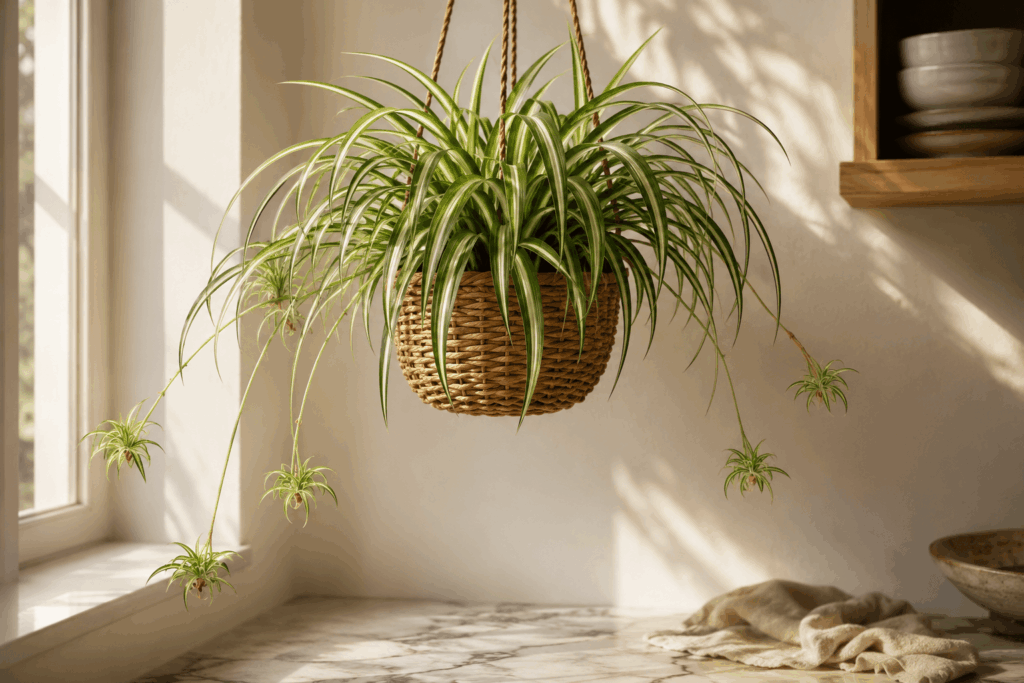 Spider plant Chlorophytum comosum with arching variegated leaves and small spider babies cascading from a hanging basket near a kitchen window