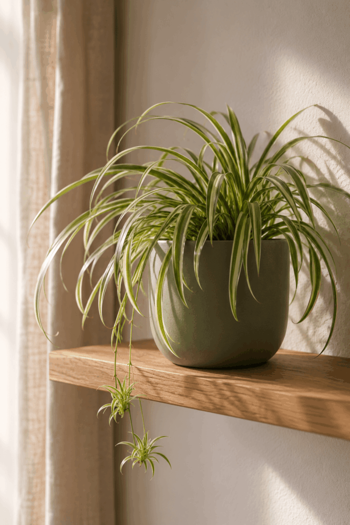 Spider plant with arching striped leaves and small babies hanging from a sage stoneware pot
