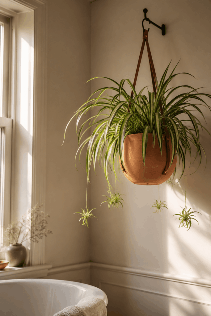 Spider plant with arching variegated leaves and baby pups in hanging pot