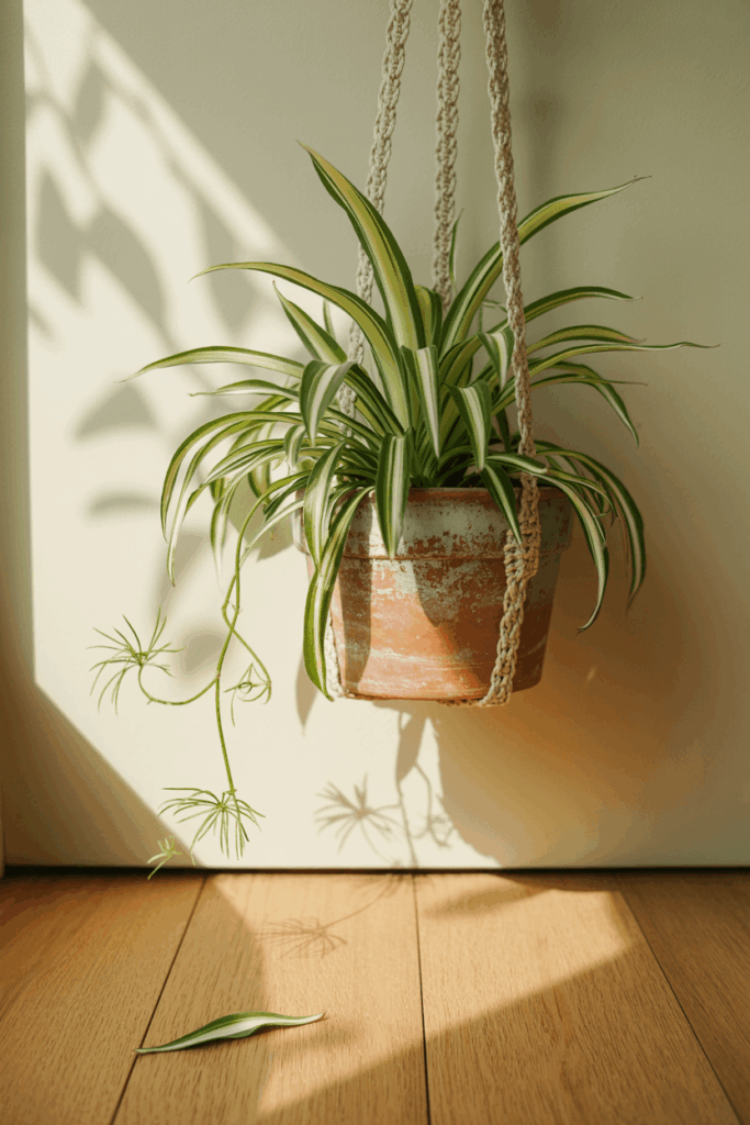 Spider plant with arching variegated leaves and trailing baby plantlets in a hanging planter