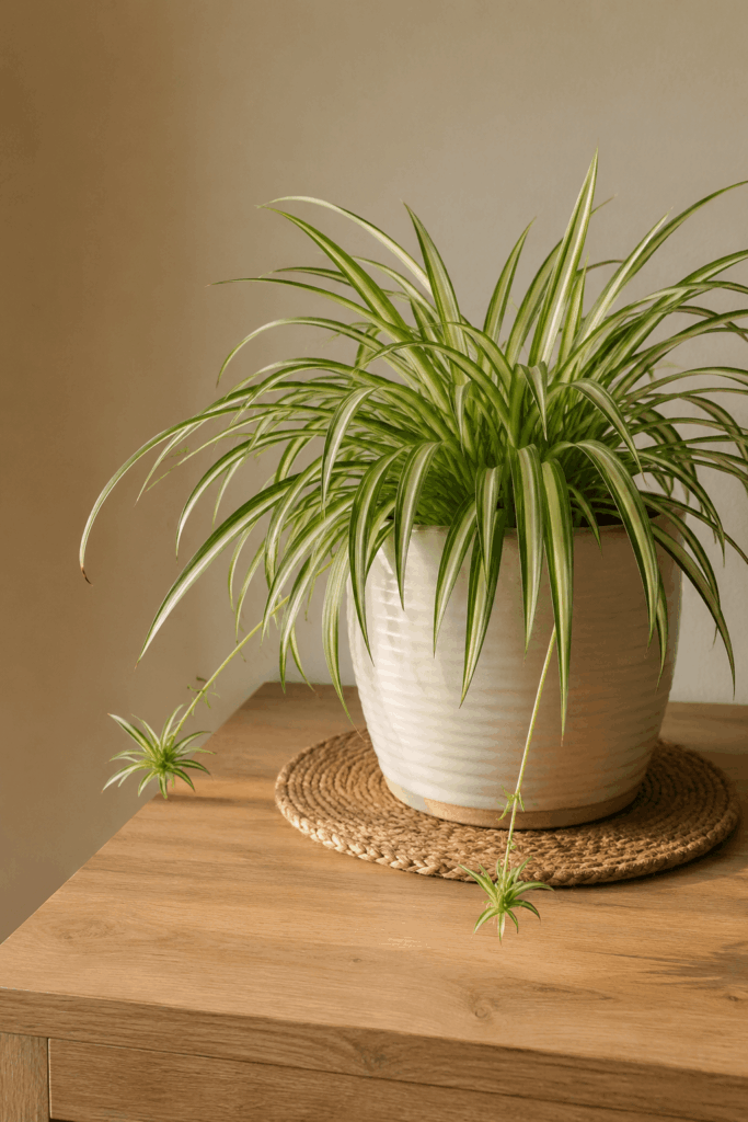Spider plant with multiple cream-striped leaves and visible plantlets in white ceramic pot
