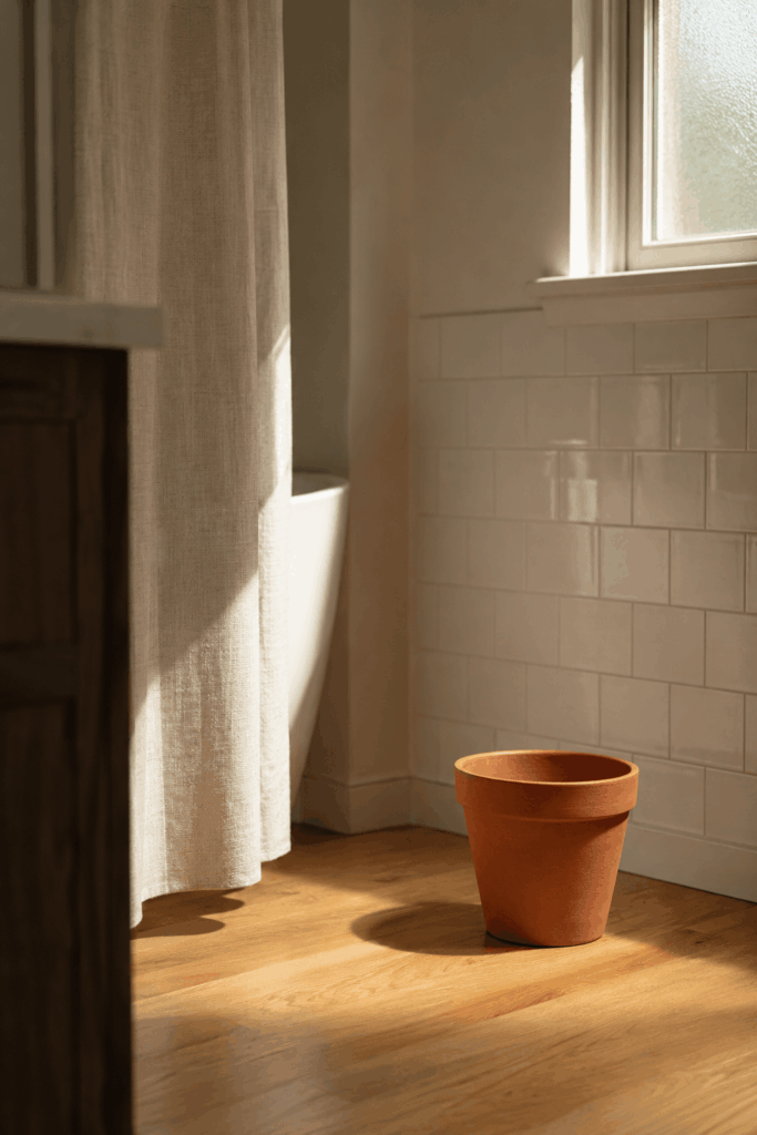 Sunlight streaming through bathroom window onto tiled floor showing reach of natural light
