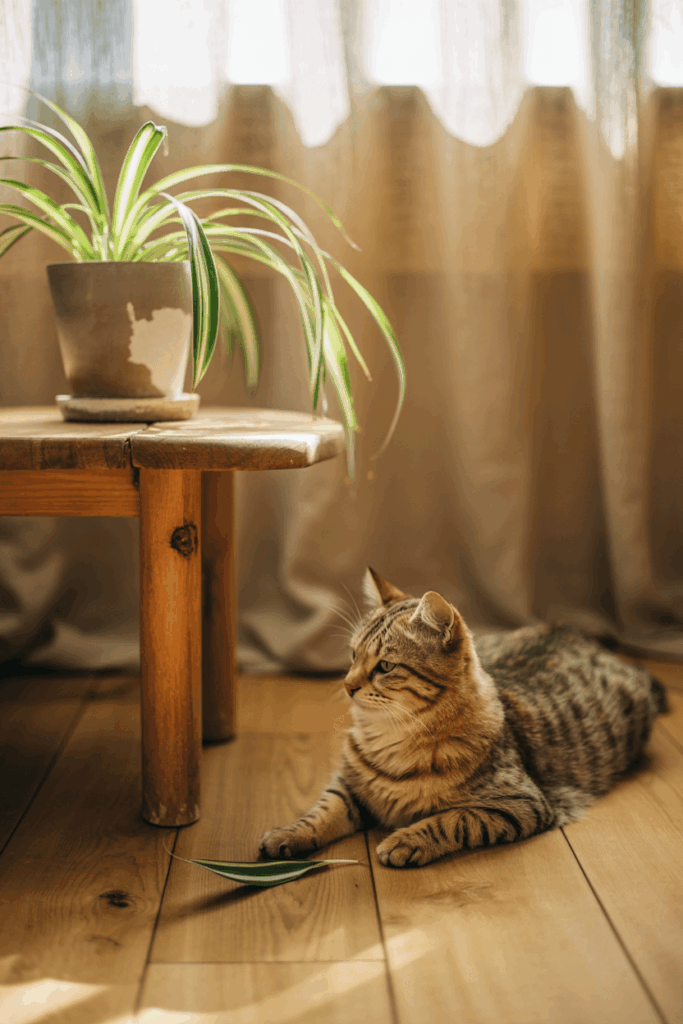 Safe houseplants for cats and dogs — tabby cat beside a spider plant in sunlit apartment