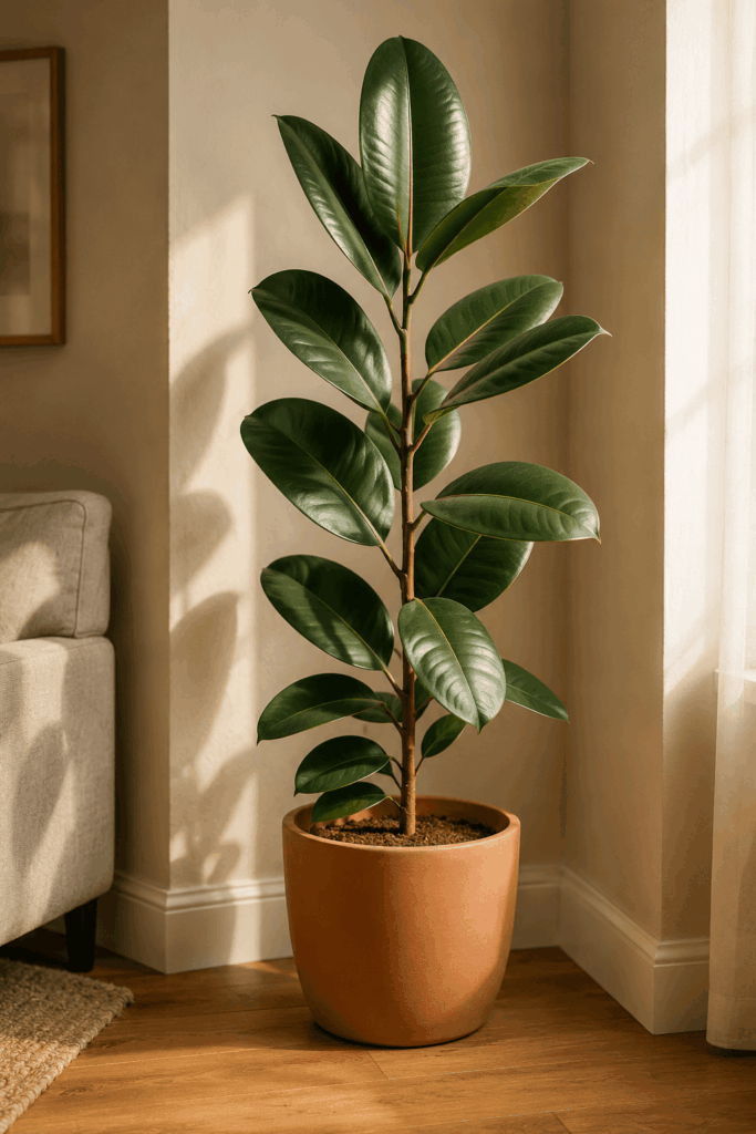 Tall rubber plant Ficus elastica with glossy deep green leaves in a refined matte terracotta floor pot in a bright living room corner