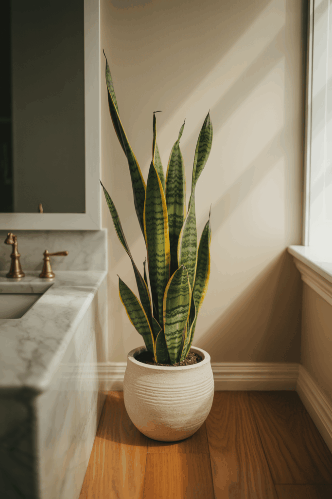 Tall snake plant in matte cream pot on natural oak floor beside bathroom vanity