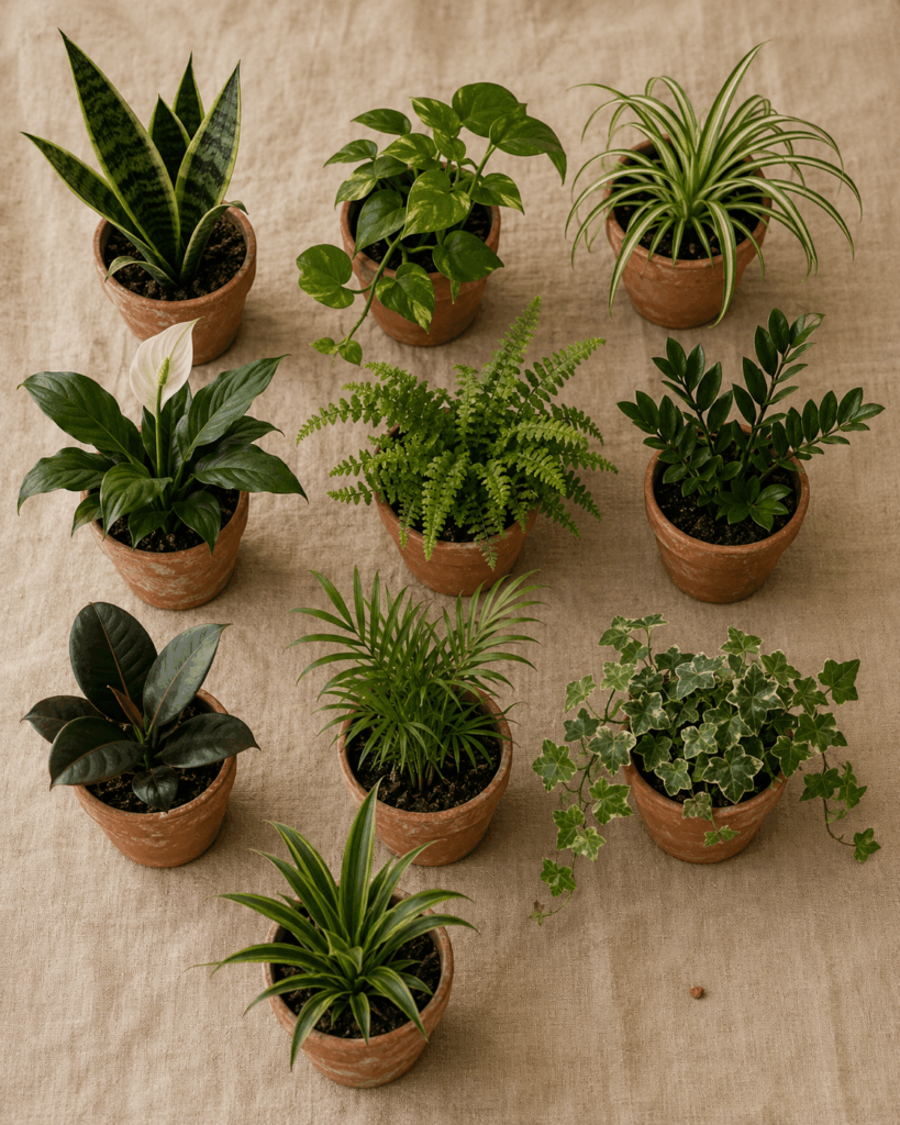 Ten common air-purifying houseplants arranged in matching terracotta pots on neutral background