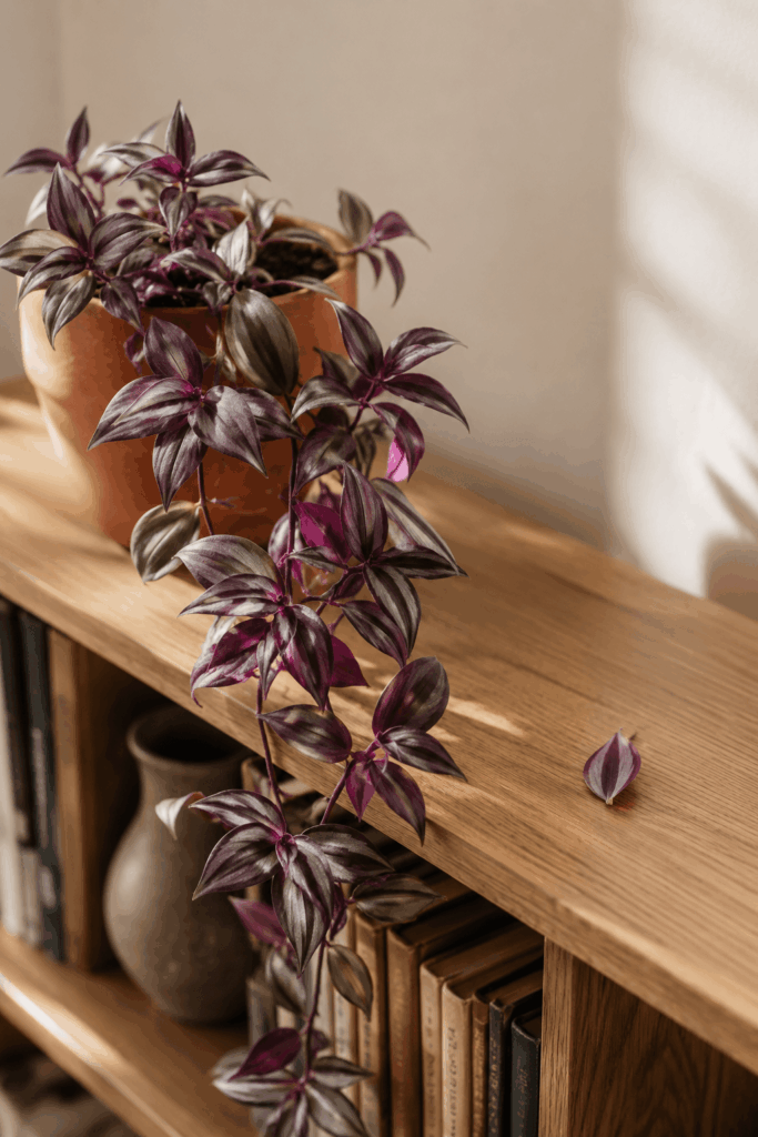Tradescantia zebrina with purple and silver striped trailing leaves and one fallen leaf on shelf surface