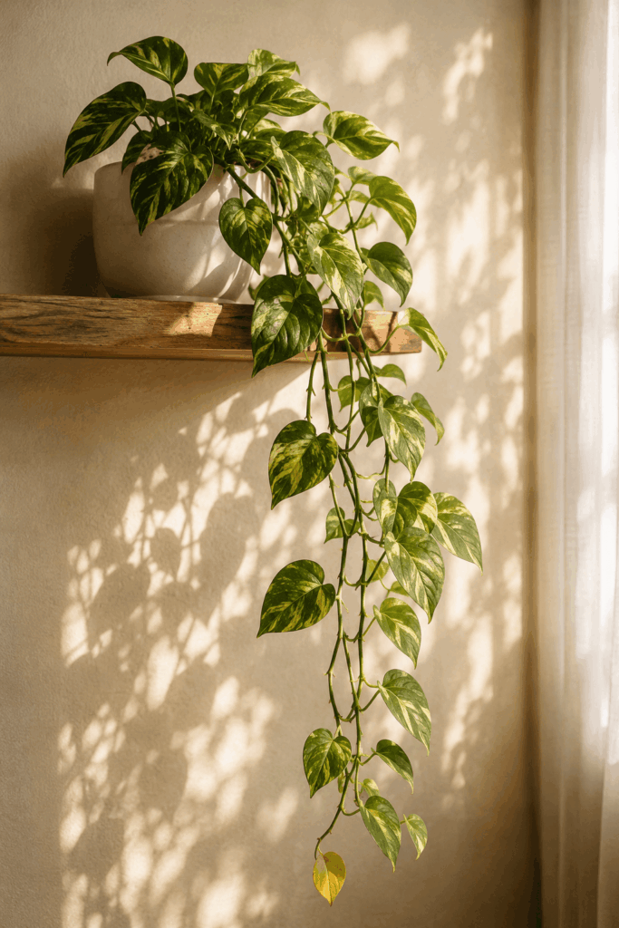 Trailing golden pothos with variegated leaves cascading from high wooden shelf in apartment