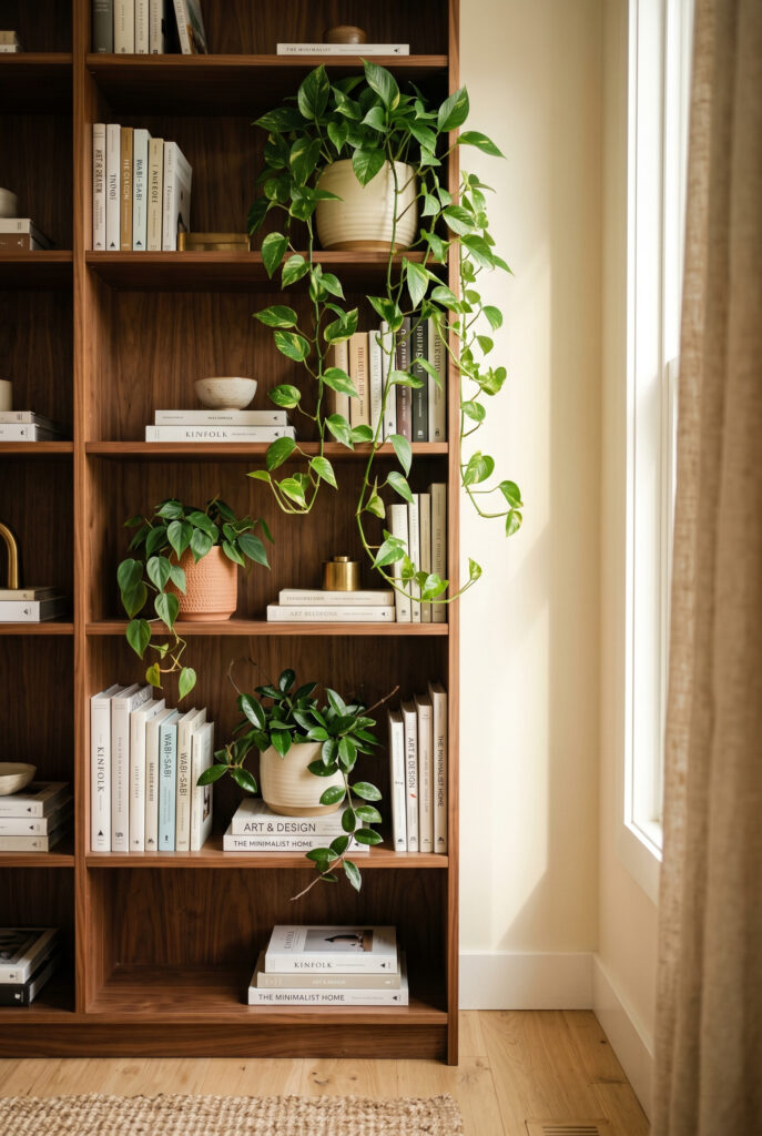 Trailing indoor plants for shelves and bookcases cascading across styled walnut bookcase in warm afternoon light