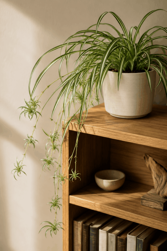 Variegated spider plant with arching green and white leaves and dangling baby plantlets on long stems