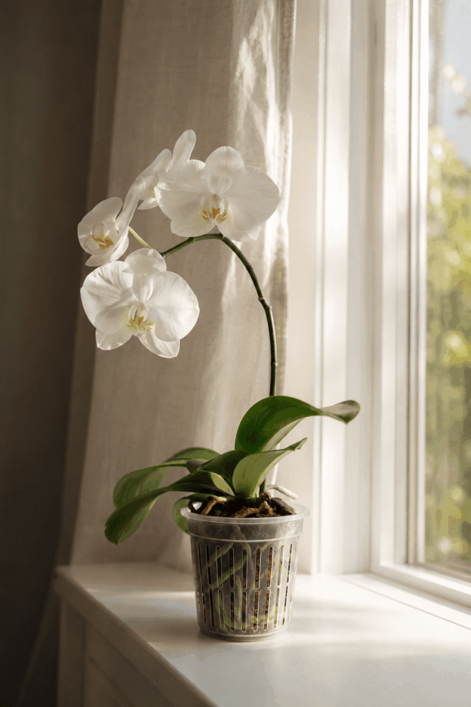 White Phalaenopsis orchid in bloom near bright bathroom window