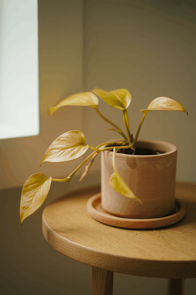 Yellowing pothos leaves from overwatering in a small terracotta pot on a wooden surface