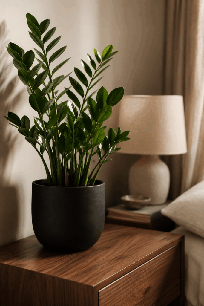 ZZ plant with glossy dark green leaves on a walnut bedside table