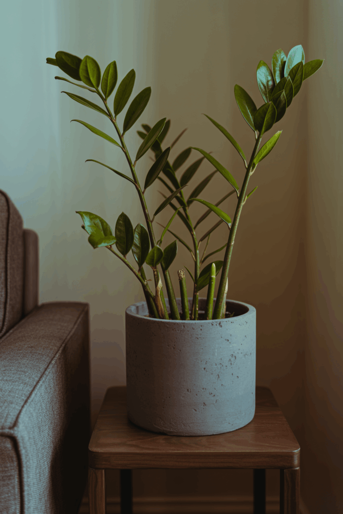 ZZ plant with glossy upright stems on side table in dim apartment corner with low light