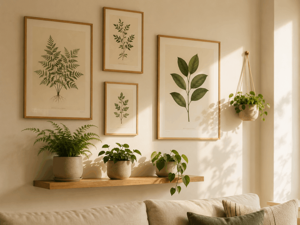 Botanical art gallery wall mixed with selected live houseplants