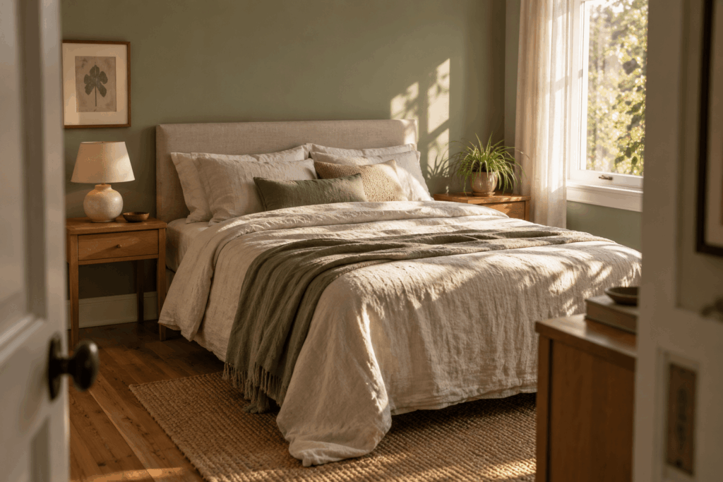 Bedroom balanced with a plant on the window side and a lamp opposite