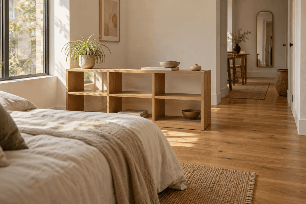 Low open shelf defining a studio bedroom with one small plant