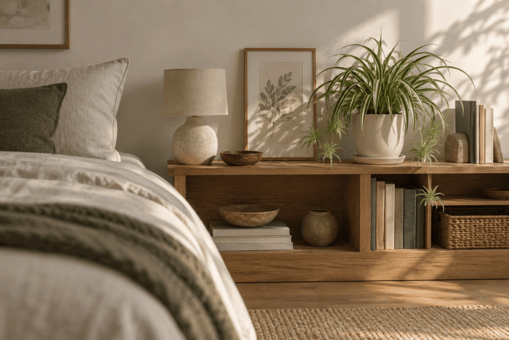 Spider plant cascading beside a low bookcase above a waterproof tray