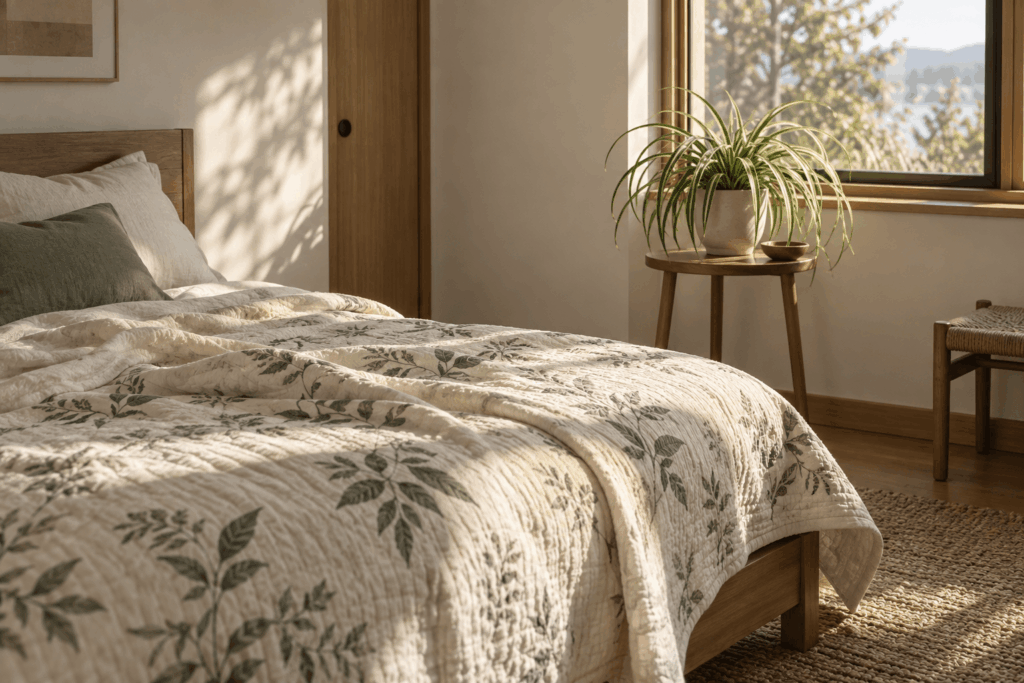 Botanical quilt paired with one spider plant near a bedroom window
