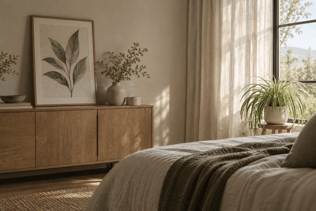 Botanical artwork in a shaded bedroom corner with a real plant by the window