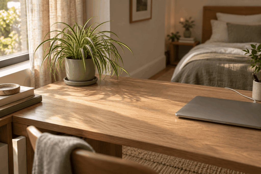 Bedroom desk plant separated from a laptop and charging cables