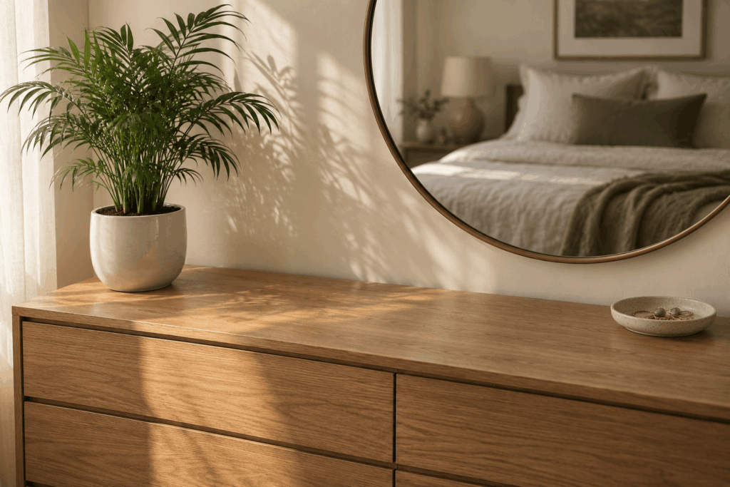 Small parlor palm at one end of an uncluttered oak dresser