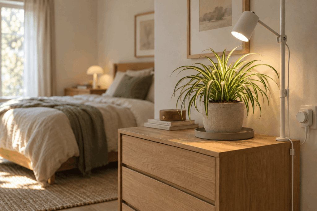 Compact bedroom plant station with a grow light and timer