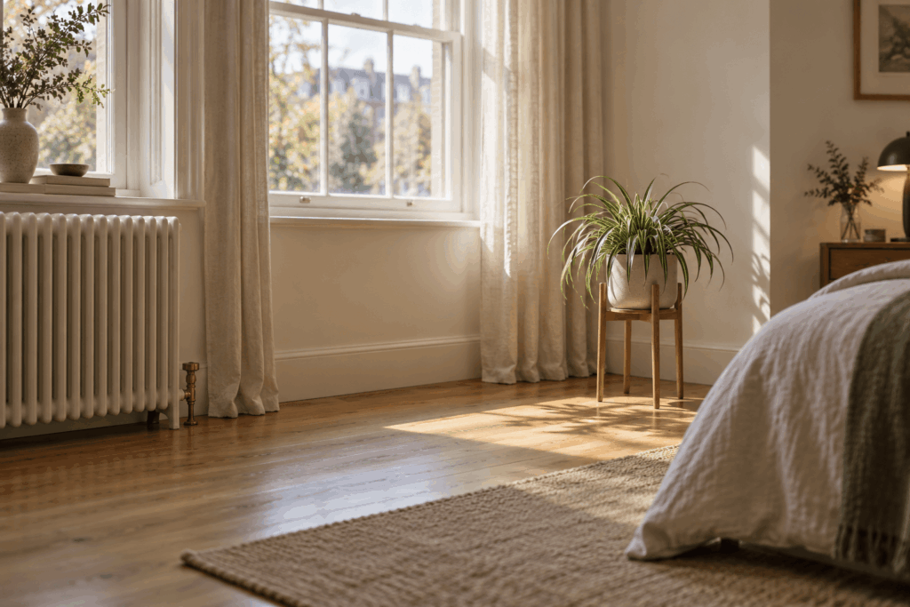 Bedroom plant stand positioned away from a radiator and its airflow