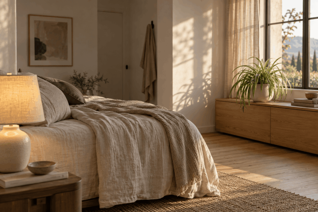 Warm bedside lamp with a separate window-side bedroom plant display
