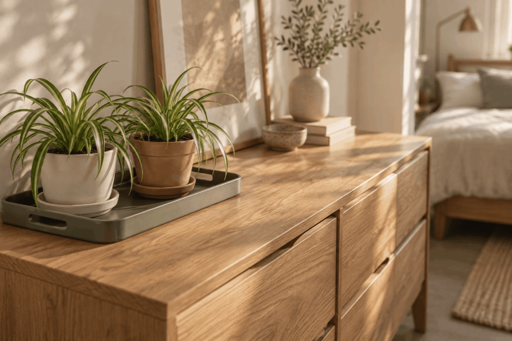 Two small bedroom plants on a handled waterproof dresser tray