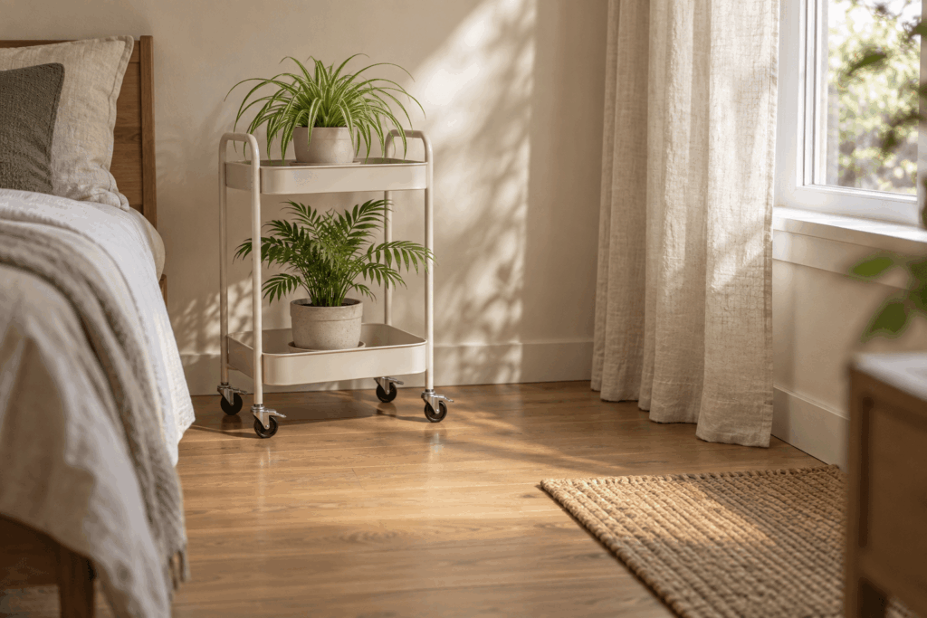 Compact bedroom plant cart with locking casters and waterproof trays