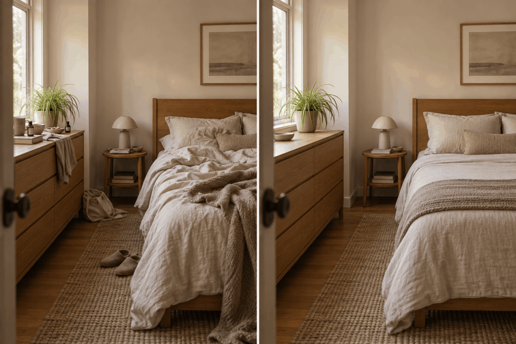 Matched bedroom views showing a one-plant reset with existing furniture