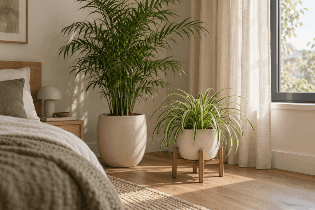 Parlor palm and spider plant in stable pots beside a bedroom window